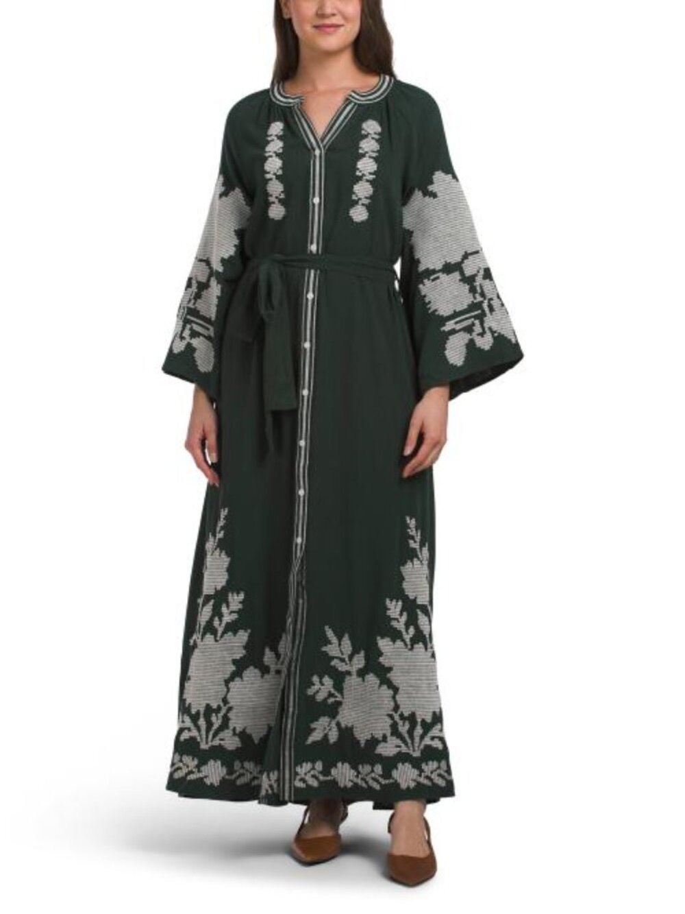 SOLITAIRE Linen Blendbell Sleeve Embroidered Maxi Dress